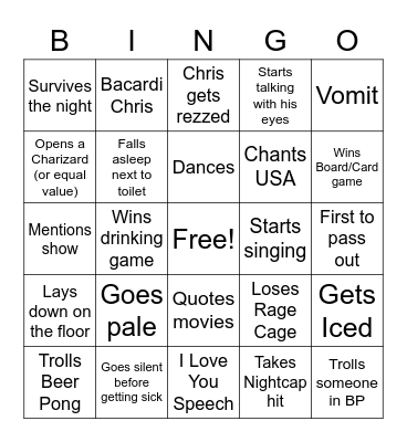 Chris's Bachelor Party Bingo Card