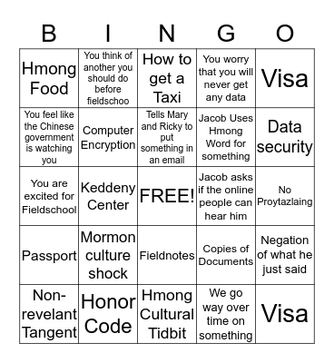 Fieldschool Prep Bingo Card