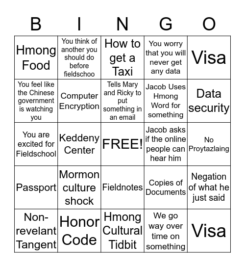 Fieldschool Prep Bingo Card