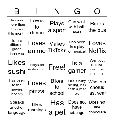 Chorus Family Bingo Card