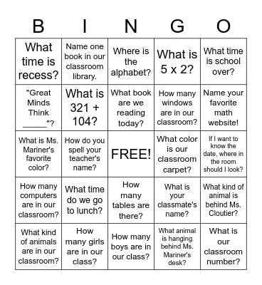 P3 Classroom BINGO Card