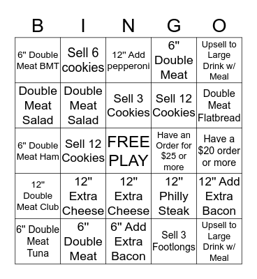 Subway Bingo Card