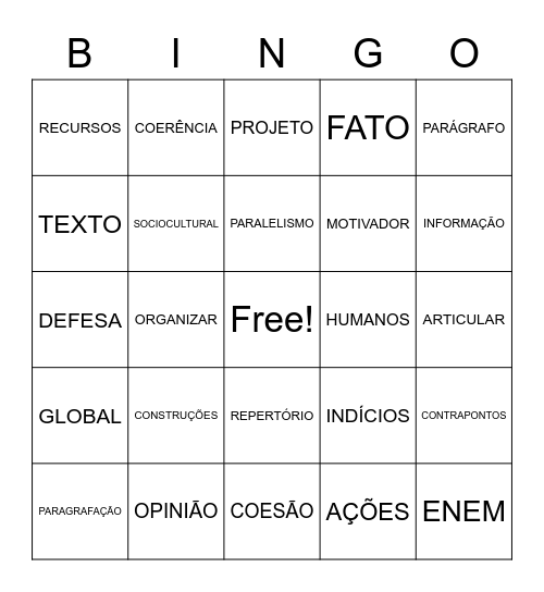 Competências do ENEM Bingo Card