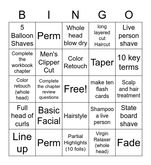 Barber Student Bingo Card