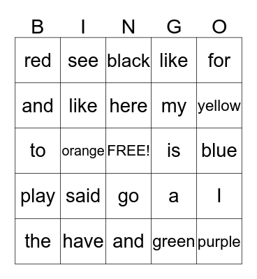 Sight Words Bingo Card