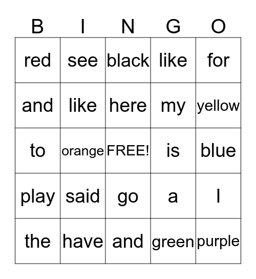 Sight Words Bingo Card