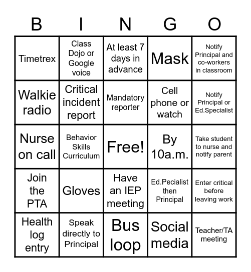 SECEP Handbook Bingo Card