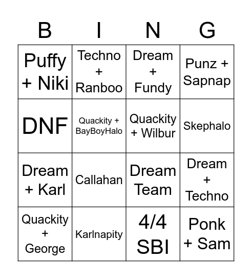 Race to Last Place (DSMP Edition) Bingo Card