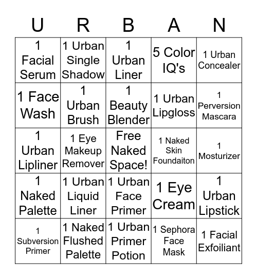 Urban Decay Bingo Card