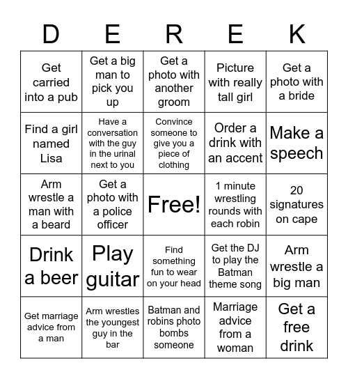 Dereks Bachelor Party Bingo Card