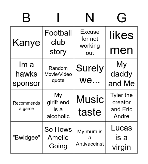 Shut Up Jock Bingo Card