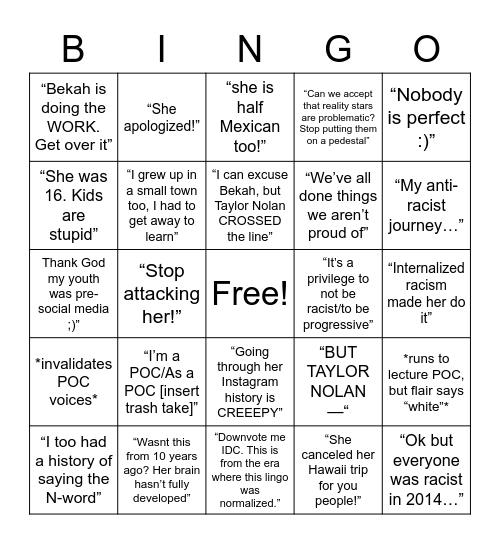 Bekah Apologist Bingo Card