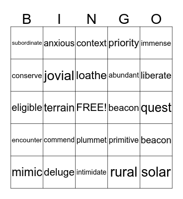 VOCABULARY FOR RANDY 4/9/2015 Bingo Card