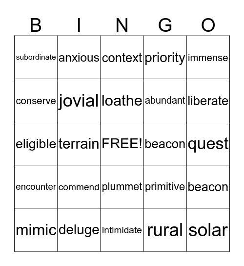 VOCABULARY FOR RANDY 4/9/2015 Bingo Card