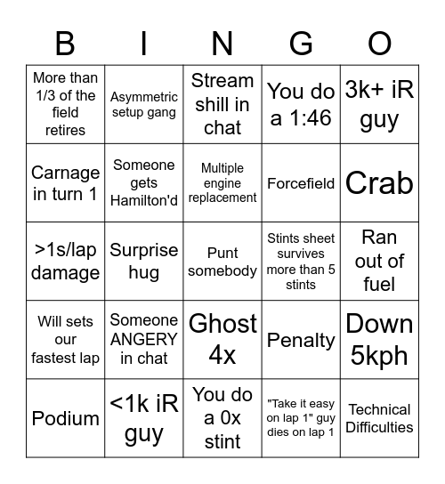 Silverstone 24 Bingo Card