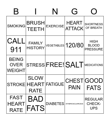 Heart Health Bingo Card