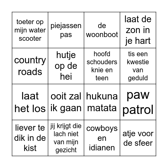 piejassen muziek bingo Card