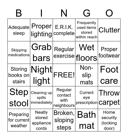Home Safety Bingo Card