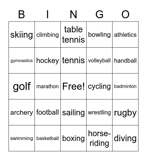 Sports Bingo Card