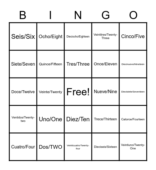 NUMEROS/NUMBERS Bingo Card