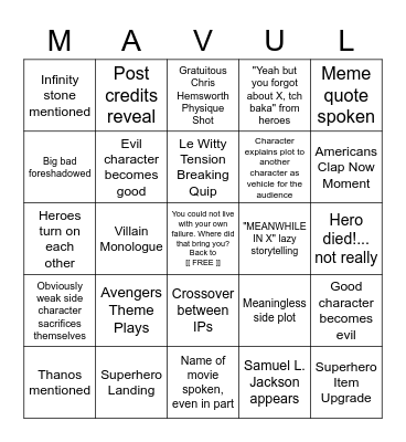 Marvel Cinematic Universe Bingo Card