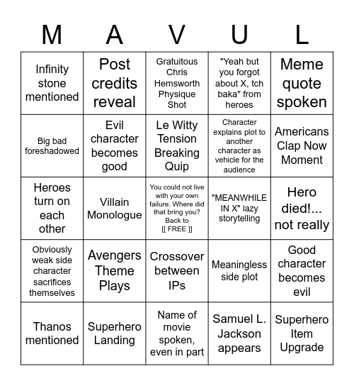 Marvel Cinematic Universe Bingo Card