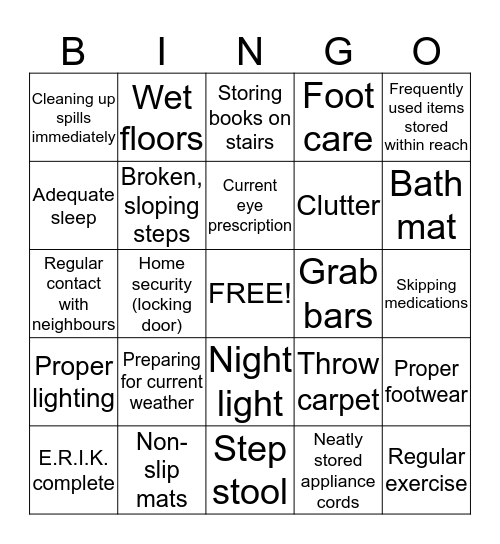 Home Safety Bingo Card
