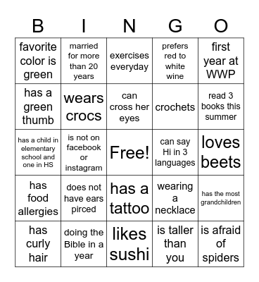 WWP ice breaker Bingo Card