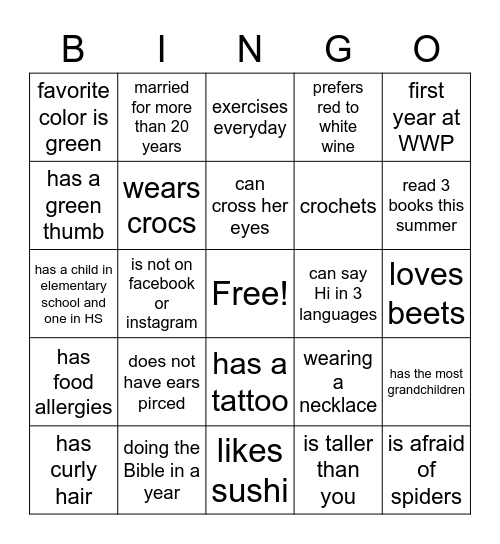 WWP ice breaker Bingo Card