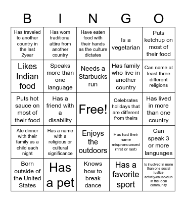 Cultural Diversity Bingo Card