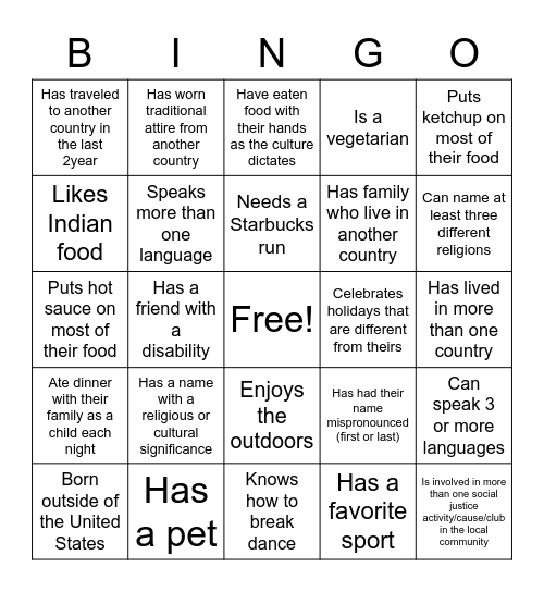 Cultural Diversity Bingo Card