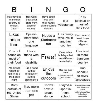Cultural Diversity Bingo Card