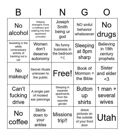 Mormon Bingo Card