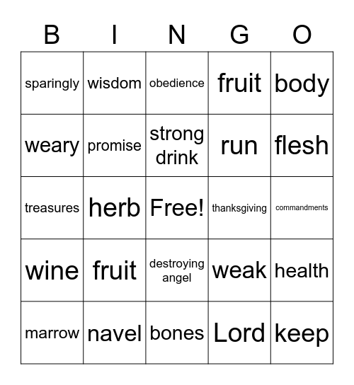 Word of Wisdom Bingo Card