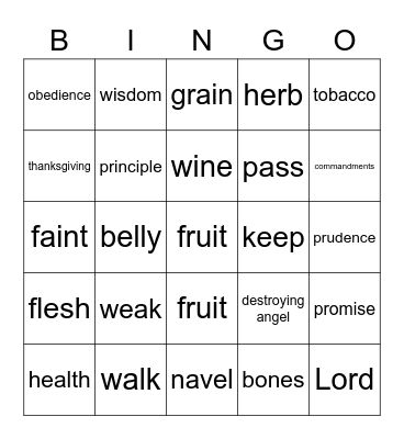 Word of Wisdom Bingo Card