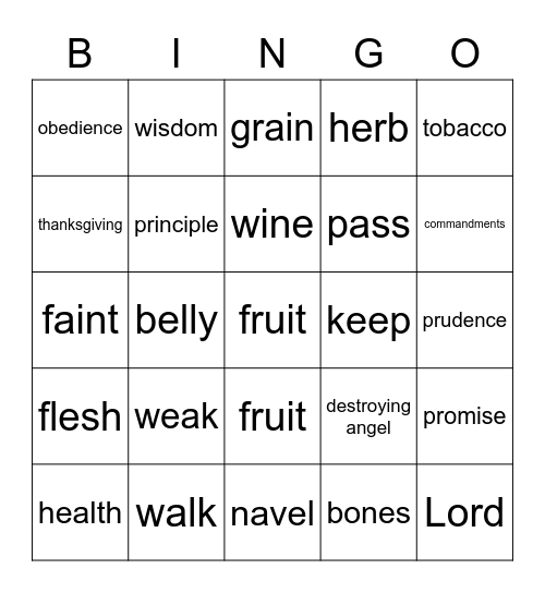 Word of Wisdom Bingo Card