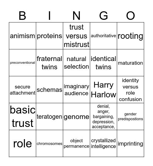 Chapters 3-4 Developmental Psychology Bingo Card