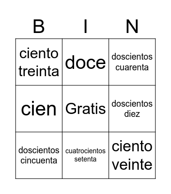 Numeros en Español Bingo Card