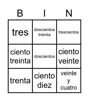 Numeros en Español Bingo Card