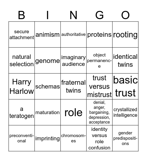 Chapter 3-4 Developmental Psychology  Bingo Card