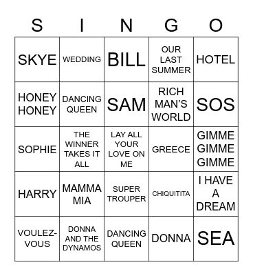 MAMMA MIA Bingo Card