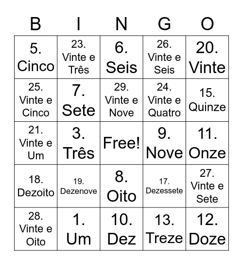 Números Um a Trinta Bingo Card