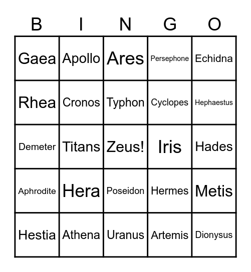 Greek Mythology Bingo Card