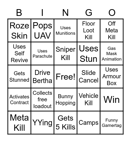 Solo Warzone Bingo Card