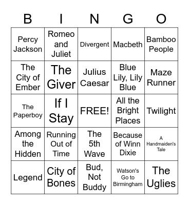 Literature Bingo Card