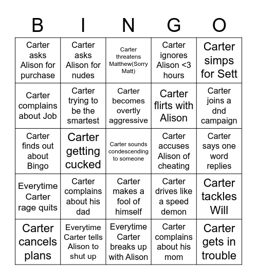 Carter Bingo Card