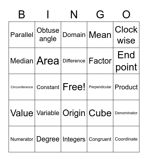 Math 2 Bingo Card