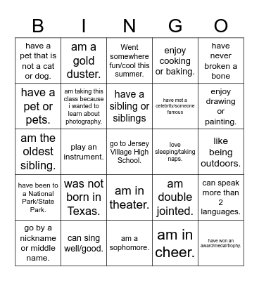 About Me Bingo    "I...." Bingo Card