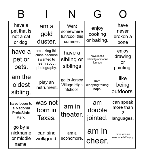 About Me Bingo    "I...." Bingo Card