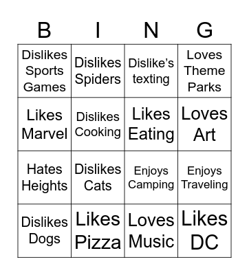 Mingle Bingo - Likes & Dislikes Bingo Card